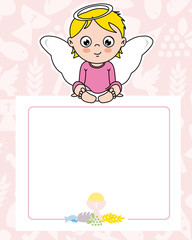 communion card. angel girl with wings on top of poster. space for text