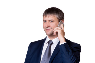 Happy Businessman Talking On Telephone Over White Background