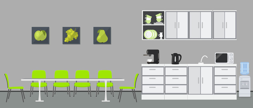 Office kitchen. Dining room in office. There are kitchen cabinets, a table, green chairs, microwave, kettle and coffee machine in the image. There are pictures with green fruits on the wall. Vector