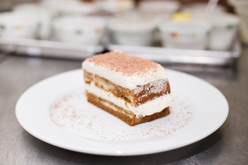 Close-up of tiramisu cake on a white plate.