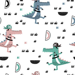 Childish seamless pattern with hand drawn dinosaur pirate. Creative vector childish background for fabric, textile, nursery wallpaper. Scandinavian style.