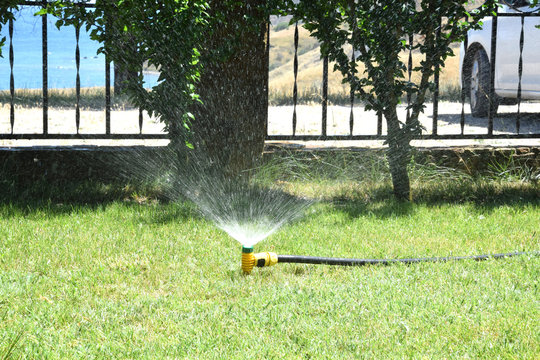 искусственная оросительная система поливает растения в жаркий летний день