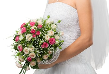 Beautiful bride in white wedding dress on white background