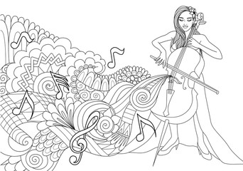 Fototapeta na wymiar Beautiful girl playing cello with abstract music wave and notes for design element and coloring book page. Vector illustration.