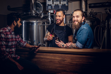 Obraz premium Three bearded interracial friends drink craft beer in a brewery.