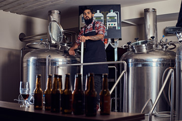 Stylish full bearded Indian man in a fleece shirt and apron controls the brewing process, standing near beer tank in the brewery.