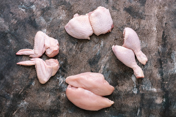 Set of raw chicken fillet, thigh, wing, drumstick. The view from above, flat lay.
