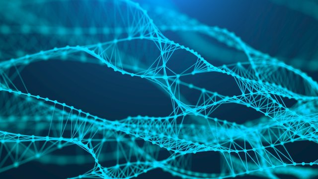 Music abstract blue background. Molecular background with DNA. Network concept with connecting dots and lines. Futuristic technology AI element. Big data visualization. Sound wave. 3d rendering