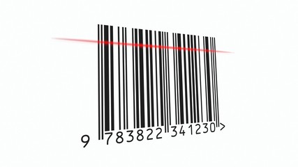 Scanning a barcode. The scanline is red while reading, just before it decodes the stripes. Basic close-up shot.
