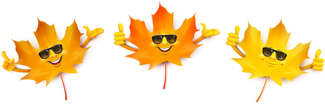 Lustige Cartoon Herbstblätter mit Sonnenbrille mit Gesten - Achtung!, Daumen hoch!, Super!