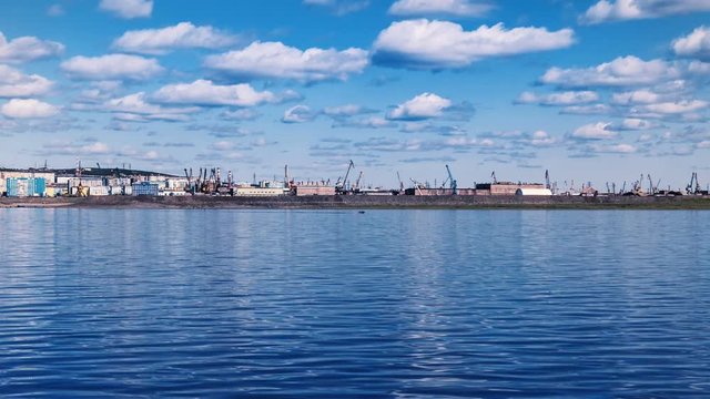 Dudinka seaport at Yenisey river estuary. Northern part of Krasnoyarsk region, Siberia, Russia.