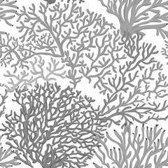 Obraz premium Sea world seamless pattern, background with fish, corals and shells on white background. Stock vector illustration. In monochrome gray colors