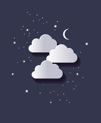 Abstract Night Sky Vector Illustration. White Flat Clouds with Shadow. White Stars and Moon. Dark Blue Background. Flat Lay Style.