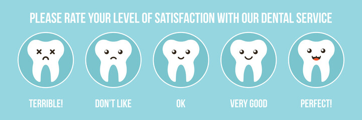 Dental care service rating with cute teeth characters with different emotions, emoji. Concept, template of customer service feedback.
