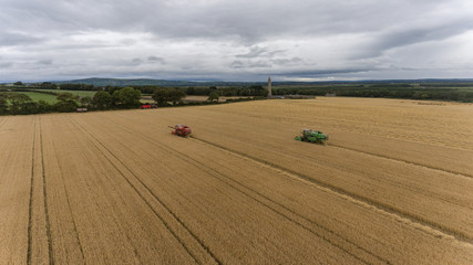Fototapeta premium aerial view of combine harvester harvesting hay in rural Ireland