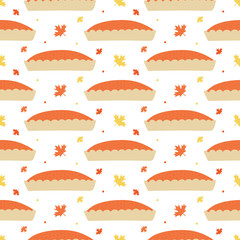 Cute vector cartoon seamless pattern background with pumpkin pie and maple leaves for autumn design and thanksgiving day.