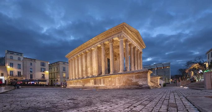 Maison Carree - restored roman temple in Nimes, France (static image with animated sky)

