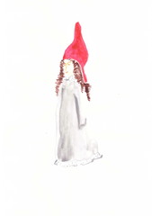 Drawing with watercolors: girl in a red cap.