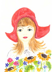 Drawing with watercolors: portrait of a girl in a red cap.