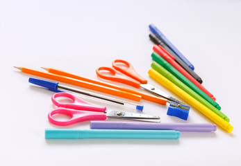 School things school office staff of teenager flat lay pencils pens folders on a white background copybooks