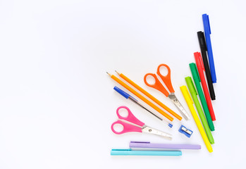 School things school office staff of teenager flat lay pencils pens folders on a white background copybooks