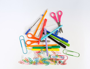 School things school office staff of teenager flat lay pencils pens folders on a white background copybooks