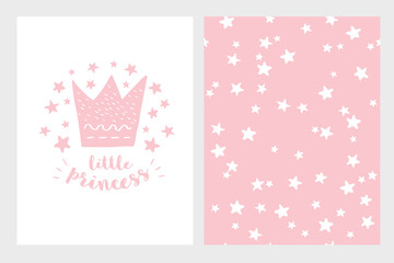 Little Princess. Hand Drawn Baby Shower Vector Illustration Set. Light Pink Design. Cute Pink Crown, Stars and Letters on a White Backround. White Stars Pattern on a Pink Background. 