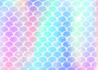 Rainbow scales background with kawaii mermaid princess pattern. Fish tail banner with magic sparkles and stars. Sea fantasy invitation for girlie party. Multicolor backdrop with rainbow scales.