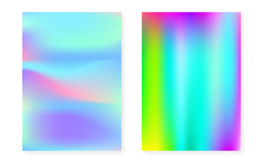 Holographic cover set with hologram gradient background. 90s, 80s retro style. Pearlescent graphic template for brochure, banner, wallpaper, mobile screen. Rainbow minimal holographic cover.