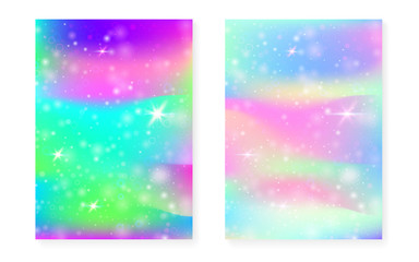 Magic background with princess rainbow gradient. Kawaii unicorn hologram. Holographic fairy set. Bright fantasy cover. Magic background with sparkles and stars for cute girl party invitation.