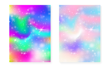 Unicorn background with kawaii magic gradient. Princess rainbow hologram. Holographic fairy set. Multicolor fantasy cover. Unicorn background with sparkles and stars for cute girl party invitation.