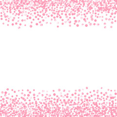 Pink glitter dots confetti on isolated backdrop. Random falling sequins with glossy sparkles. Template with pink glitter dots for party invitation, bridal shower and save the date invite.