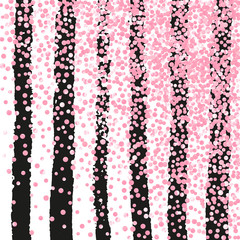 Pink glitter dots confetti on black stripes. Shiny falling sequins with shimmer and sparkles. Template with pink glitter dots for party invitation, banner, greeting card, bridal shower.