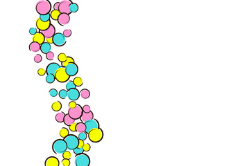 Pop art background with comic polka dot confetti. Big colored spots, spirals and circles on white. Vector illustration. Bright childish splash for birthday party. Rainbow pop art background.