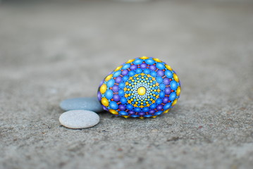 Blue Yellow Purple Relaxing Energizing Dot Painted Mandala Meditation Stone
