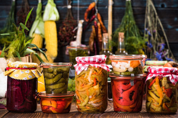 Variety of Marinated Pickled and Fermented vegetables food in jars