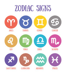 Zodiac signs: aquarius, libra, leo, taurus, cancer, pisces, virgo, capricorn, sagittarius, aries, gemini, scorpio. Astrological calendar collection, zodiacal color vector horoscope. Colorful elements