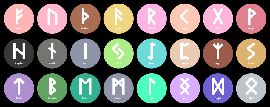Runes. Multicolored runic alphabet. Old Norse, Icelandic, German and Anglo-Saxon. Vector round symbols. Sign, icon. Fehu; Uruz; Ansuz; Raidu