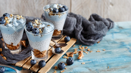 Blueberries and yogurt chia pudding parfait
