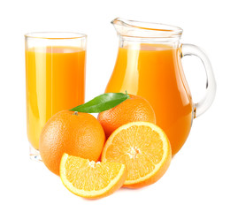 orange juice with orange and green leaf isolated on white background. juice in glass