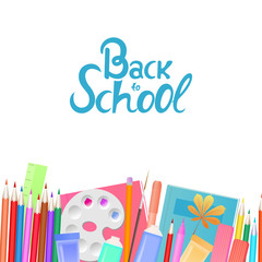 Back to school banner. School supplies for teaching and children's creativity.