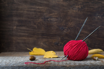 Bright red wool yarn with wooden needles among leaves and acorns, autumn knitting postcard