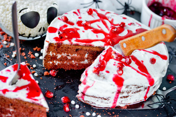 Halloween bloody cake - red velvet cake with cheese frosting and pomegranate jam