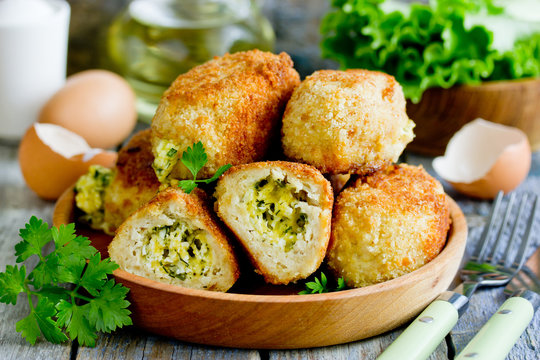 Chicken cutlets with cheese, egg, parsley, butter filling. Traditional russian food zrazy