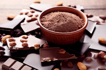 Chocolate pieces with cocoa powder in bowl on wooden table