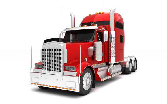 Logistics concept. American red Freightliner cargo truck without a container moving from right to left isolated on white background. Front perspective view. 3D illustration