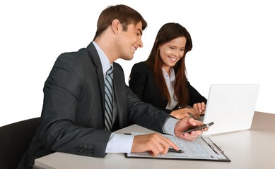 Fototapeta na wymiar Happy Employees Using a Computer - Isolated