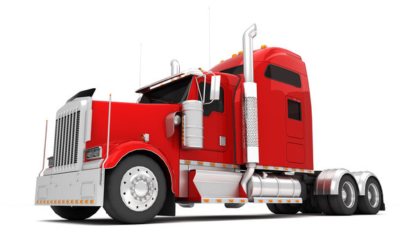 Logistics concept. American red Freightliner cargo truck without a container moving from right to left isolated on white background. Front perspective view. Bottom view. 3D illustration