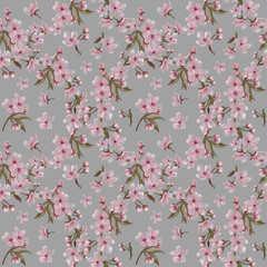 Pink Flower Wreath Seamless Pattern on Grey Background. Floral Rapport for Print, Background, Wrapping Paper, Upholstery and Fashion Textile. Romantic Floral Wreaths in Seamless Pattern on Grey.