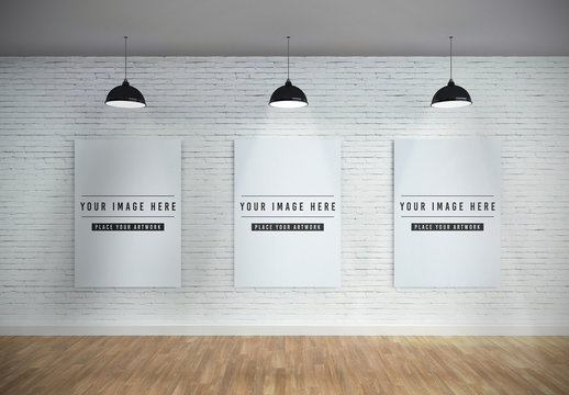 Three Vertical Canvases on Wall Mockup